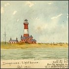Coloured sketch of the Dungeness Lighthouse, outbuildings and radio mast.  Titled 