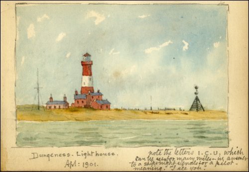 Coloured sketch of the Dungeness Lighthouse, outbuildings and radio mast.  Titled 