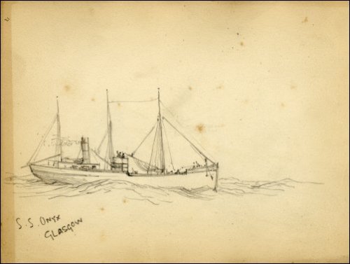 Pencil sketch of the SS Onyx at sea, titled 