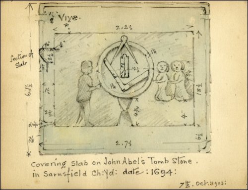 Coloured sketch of the covering slab on John Abel's tombstone in Sarnsfield churchyard, Herefordshire.  Includes all measurements and dimensions of the tombstone.  Sketch titled 