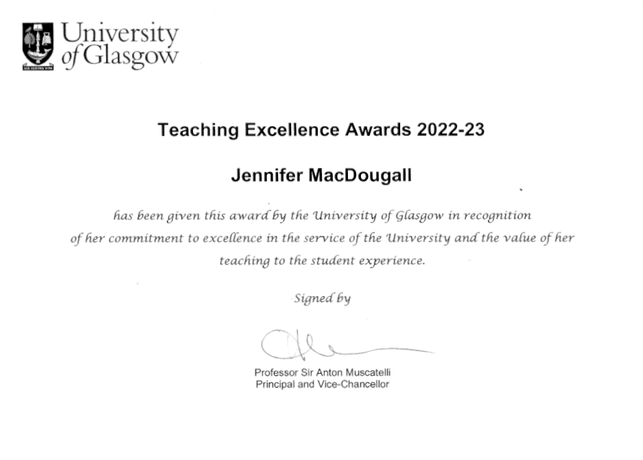 Jen MacDougall's Teaching Excellence Award (B&W scan)