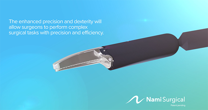 Illustration of the Nami S, a miniaturised ultrasonic scalpel enabling faster and safer RAS