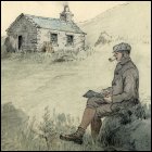 Coloured sketch showing a man (the vicar) sitting on a rock, sketching the countryside.  Titled 