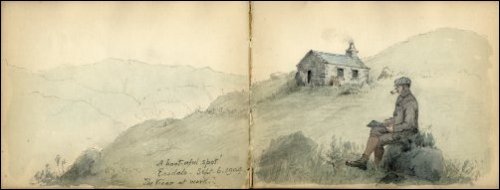 Coloured sketch showing a man (the vicar) sitting on a rock, sketching the countryside.  Titled 