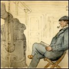 Coloured sketch of man sitting in the saloon, titled 