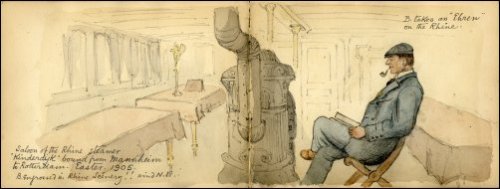 Coloured sketch of man sitting in the saloon, titled 