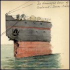 Coloured sketch of the damaged bow of the SS Finland and two men working on the mooring lines, sketched from Dover, with the SS Fastnet in the background.  Titled 