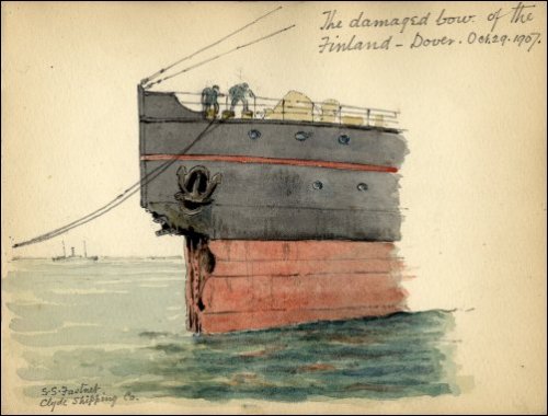Coloured sketch of the damaged bow of the SS Finland and two men working on the mooring lines, sketched from Dover, with the SS Fastnet in the background.  Titled 