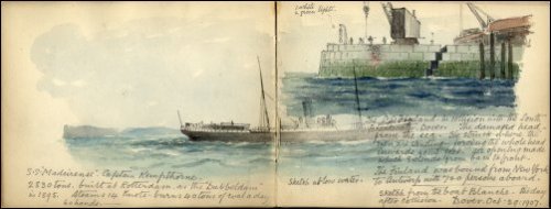 Coloured sketches of the SS Finland in collision with the South Breakwater at Dover and of the SS Madeirense.  (GUAS Ref UGC 195/1/24.  Copyright reserved.)
