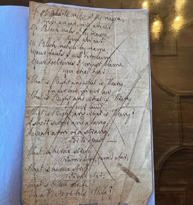 Page 1 of the cancelled manuscript of Ye Jacobites by Name in the handwriting of Robert Burns was discovered in the collection of Burns materials held at Barnbougle Castle, near Edinburgh. Photo by Dr Pauline Mackay (by permission Dalmeny Estate Collections)