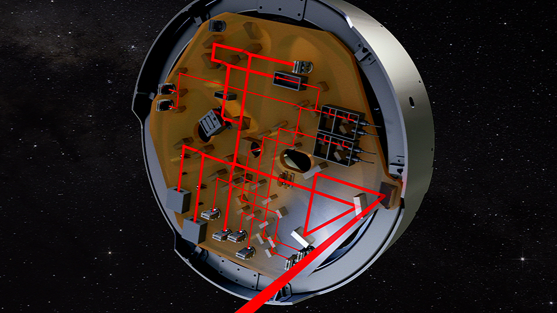 Artist's impression of LISA's optical bench interferometer. Credit: AEI/MM/exozet