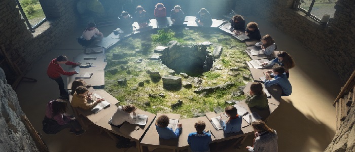 A Birds eye view of a classroom of children in Virtual Reality