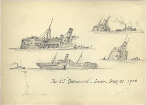 Sketches of the SS Queenswood sinking off Dover, titled 
