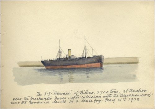 Coloured sketch of the SS Bermeo, sketched from Dover, titled 