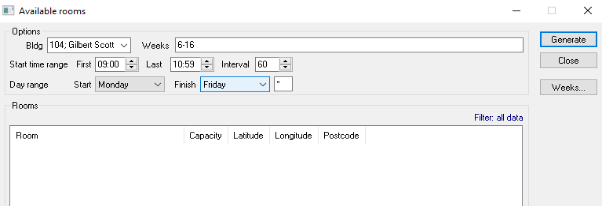 A screenshot from CMIS showing the available options in the Room Availability window.