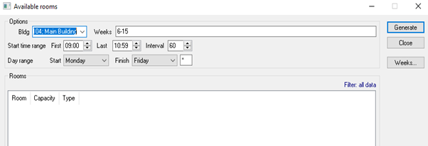 A screenshot from CMIS showing the available options in the Room Availability window.