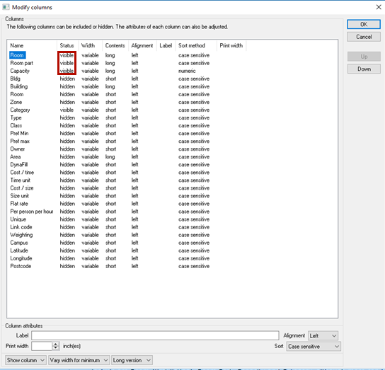 A screenshot from CMIS showing the Modify columns window.