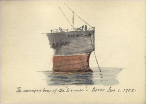 Coloured sketch of the bow of the SS Bermeo, titled 