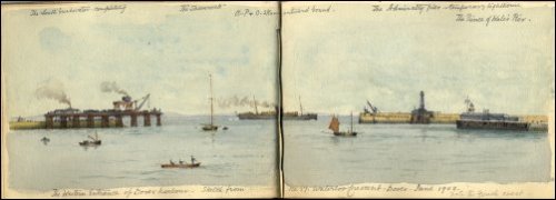Coloured sketch of the western entrance of Dover harbour, titled 