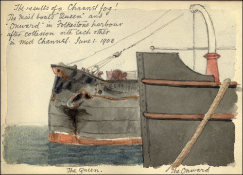 Coloured sketch of the mail boats 'Queen' and 'Onward' titled 