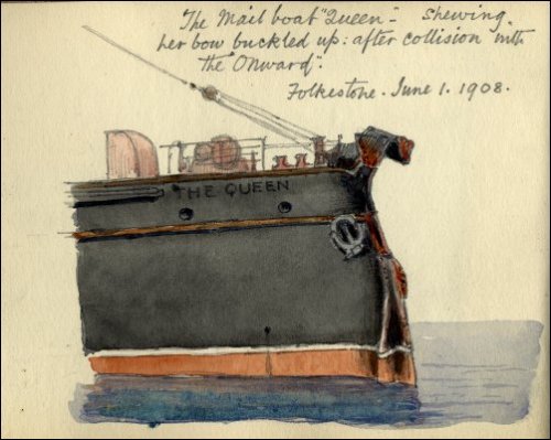 Coloured sketch of the damage to the 'Queen' titled 