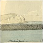 Coloured sketch of the harbour with the cliffs of Dover in the distance titled 