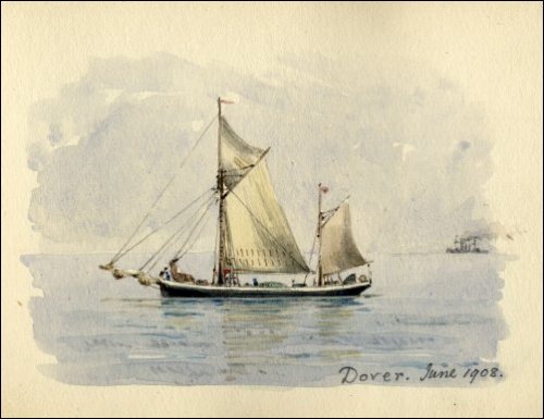 Coloured sketch of a sailing ship, Dover, June 1908.