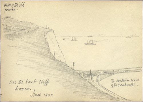 Pencil sketch of the east cliff and some ships at sea titled 