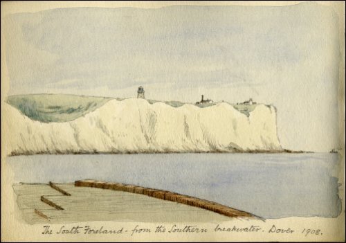 Coloured sketch of the south foreland of Dover with the lighthouse in the background titled 