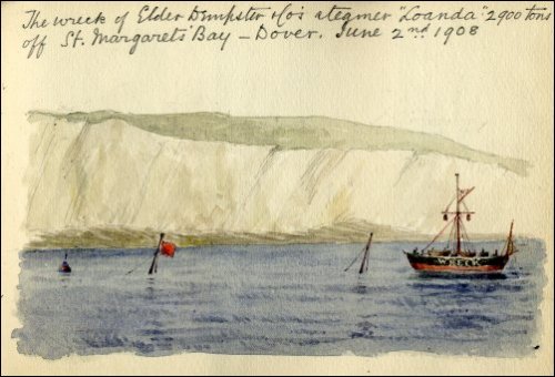 Coloured sketch of the wreck of the 'SS Loanda' titled 