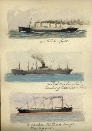 Coloured sketches of three ships titled 