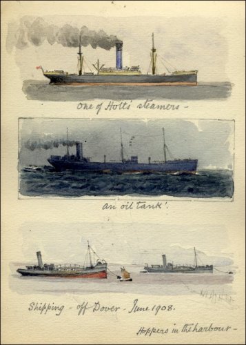 Coloured sketches of three more ships titled 