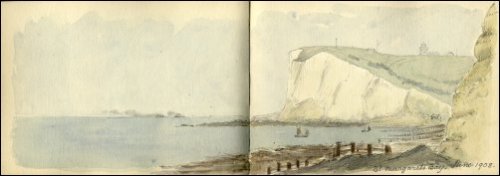 Coloured sketch of St Margarets Bay with the lighthouse in the background titled 