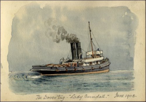 Coloured sketch of the tug 'Lady Crundall' titled 