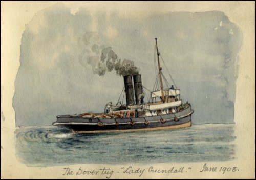 Coloured sketch of the tug 'Lady Crundall' titled 