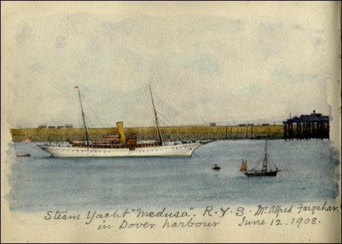 Coloured sketch of the steam yacht 'Medusa' and 'RYS Mr Alfred Farquhar' titled 
