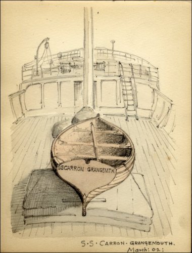 Coloured sketch of the ship's lifeboat on deck, titled 