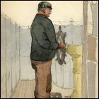 Coloured sketch of sailor with patched trousers standing at the ship's wheel, titled 