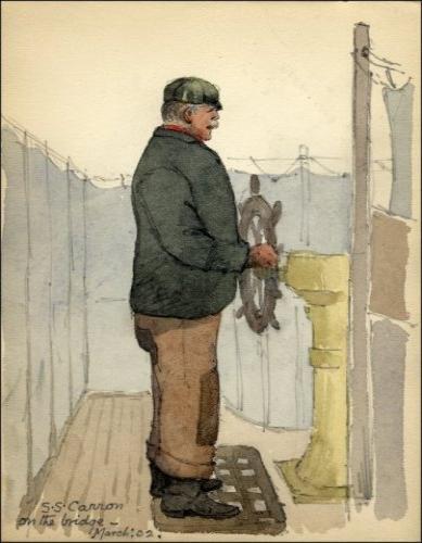 Coloured sketch of sailor with patched trousers standing at the ship's wheel, titled 