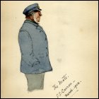 Coloured profile sketch of the mate in coat and cap, titled 