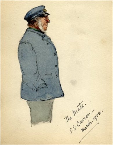 Coloured profile sketch of the mate in coat and cap, titled 
