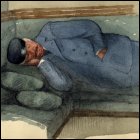 Coloured sketch of a man asleep on a couch in the smoking room of the 'SS Skerryvore'.  (GUAS Ref UGC 195/1/29.  Copyright reserved.)