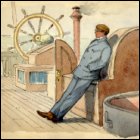 Coloured sketch of a man reclining against some machinery housings on deck with the ship's wheel and the sea in the background, titled 