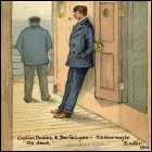 Coloured sketch of Captain Davies and Bertie Lyde on the deck of the 'SS Garmoyle' outside the smoking room, titled 