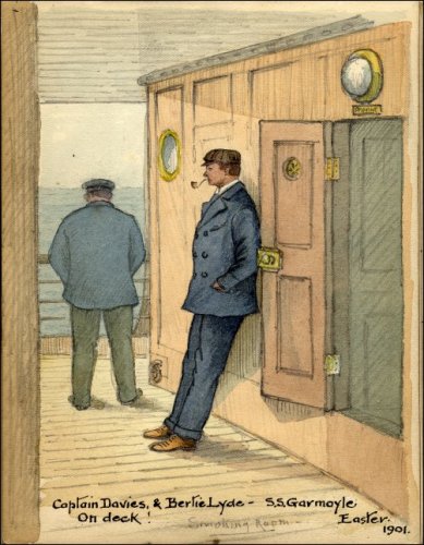 Coloured sketch of Captain Davies and Bertie Lyde on the deck of the 'SS Garmoyle' outside the smoking room, titled 