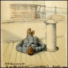 Coloured sketch of a man asleep on the deck of the 'SS Garmoyle', with the main funnel and bridge towering over him.  Titled 