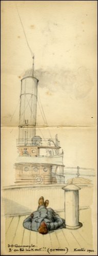 Coloured sketch of a man asleep on the deck of the 'SS Garmoyle', with the main funnel and bridge towering over him.  Titled 