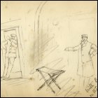 Unfinished pencil sketch, partly scored out, of two men leaning on doorframes smoking, titled 