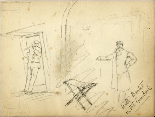 Unfinished pencil sketch, partly scored out, of two men leaning on doorframes smoking, titled 