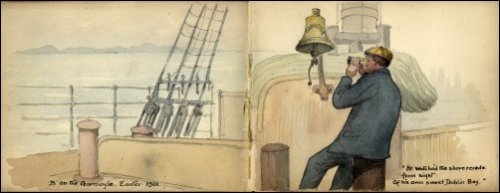 Coloured sketch of a man on the deck of the 'SS Garmoyle', near the ship's bell, looking into the distance with a pair of binoculars, titled 